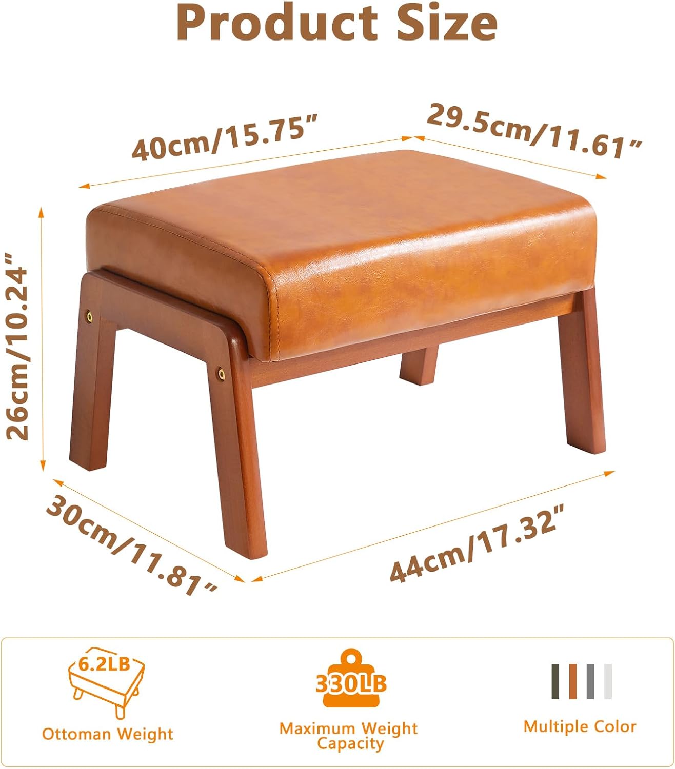 IBUYKE 10.2” H Small Foot Stool Ottoman, Rectangle PU Faux Leather Foot Rest with Padded Seat and Wood Legs, Modern Ottoman Foot Rest for Living Room Bedroom Couch Office, Yellowish-Brown WBD013J