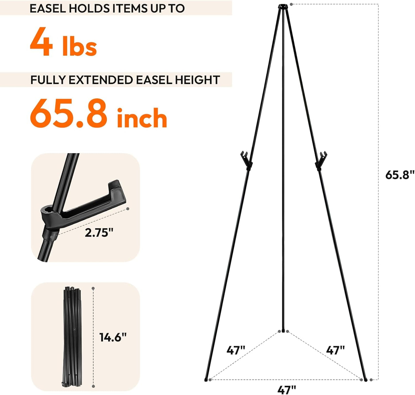 4PCS Black Easel Stand for Wedding Sign Stand, 66 Inch Adjustable Metal Easels for Display, Portable Folding Easel for Wedding, Display Show, Arts, Poster with Portable Bags