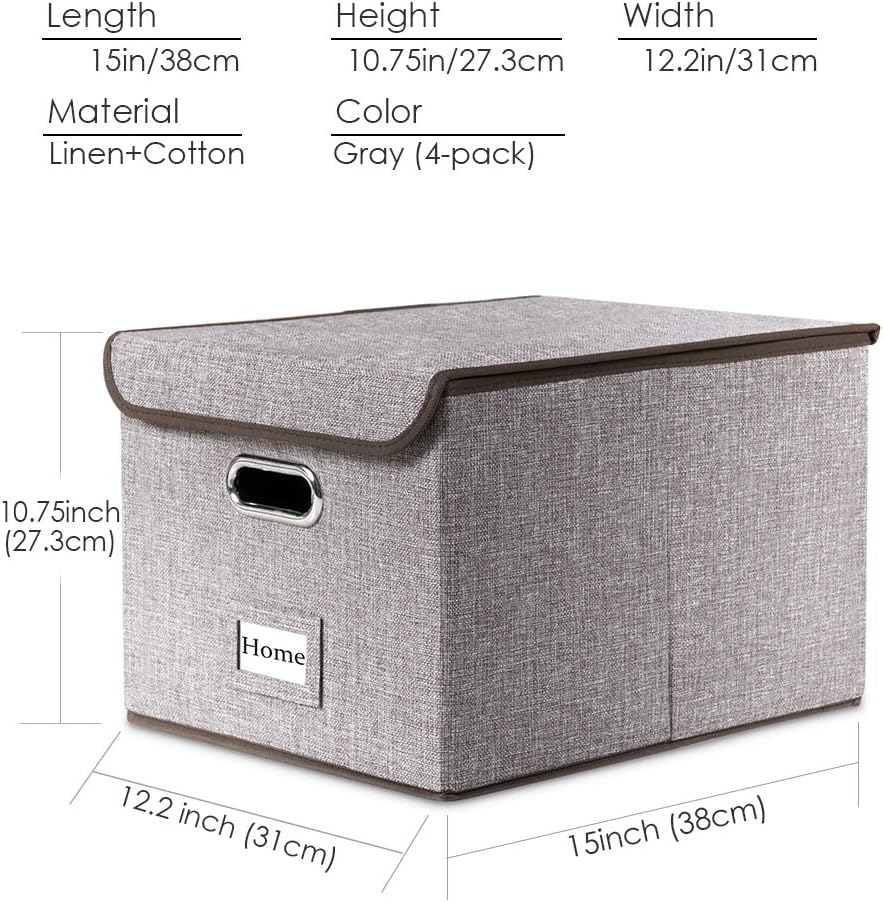 PRANDOM File Organizer Box - Set of 4 Collapsible Decorative Linen Filing Storage Hanging File Folders with Lids Office Cabinet Letter Size (15x12.2x10.75 inch)