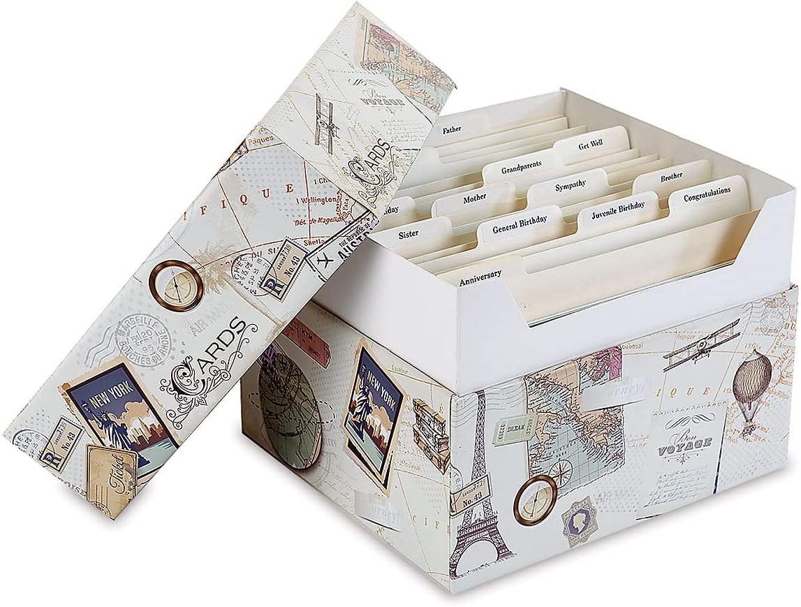 Current World Travel Greeting Card Organizer Box with Dividers - Store 140+ Christmas, Valentine, & Birthday Cards, Recipe Cards, Photo Collections, Postcards, Stationery, 7" x 9" x 9-1/2"