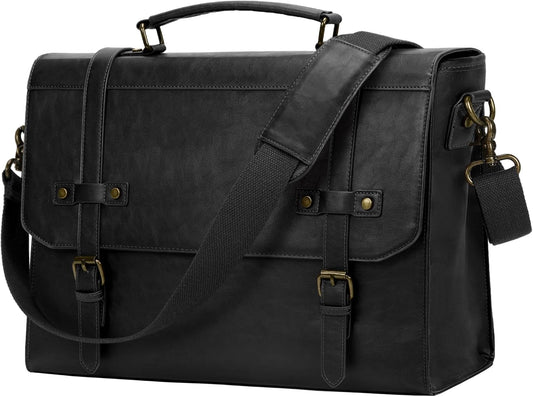 RAINSMORE Mens Messenger Bag 18 Inch Waterproof Vintage Leather Laptop Briefcase Large Laptop Bag Satchel Bag Computer Shoulder Bag for Office Business Travel College,Black