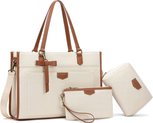 Keyli 3pcs Laptop Bag for Women,15.6 Inch Canvas Tote Bag Work Bags Large Business Computer Briefcase Shoulder Handbag Purse