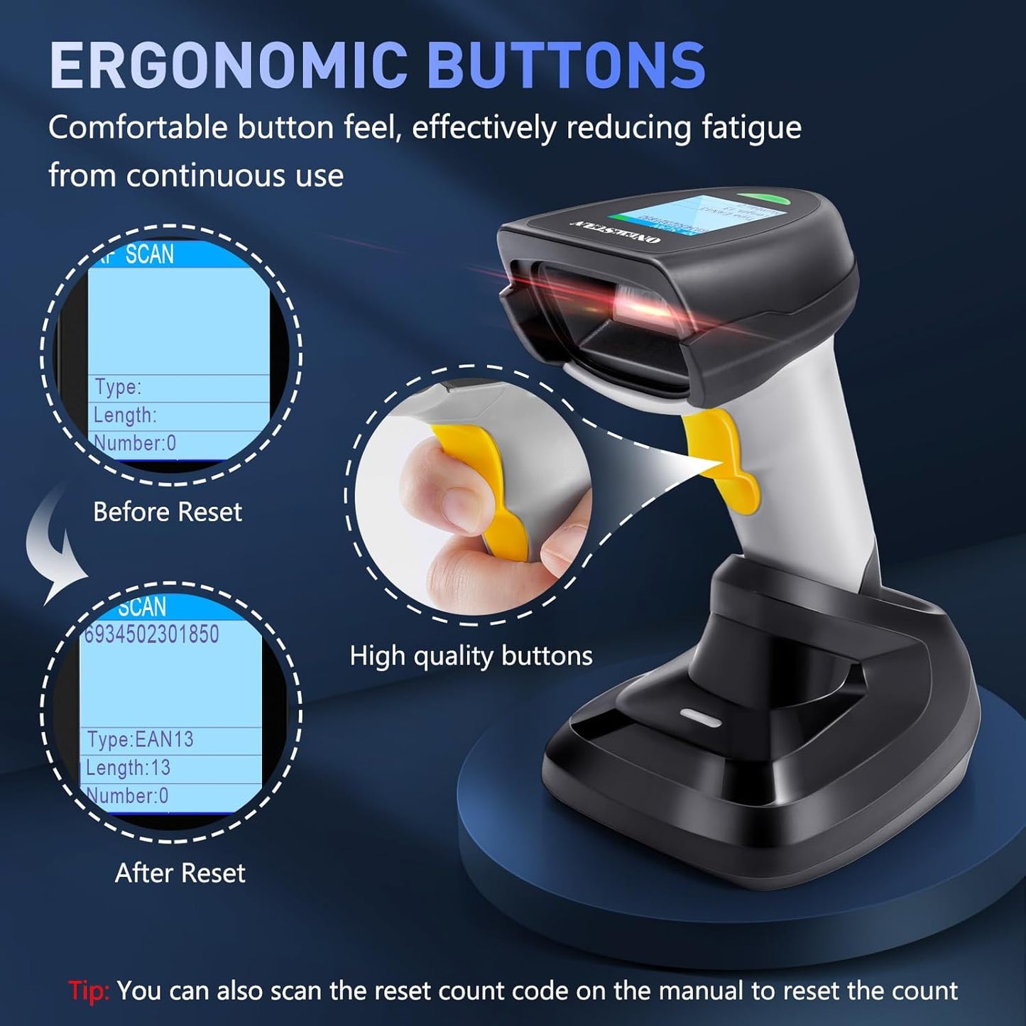 Barcode Scanner Wireless 1D, ONEWSCAN Barcode Reader with Smart Charging Base Stand 2.4G Wireless & USB Wired Connection Plug and Play Handheld Bar Code Scanners with Screen