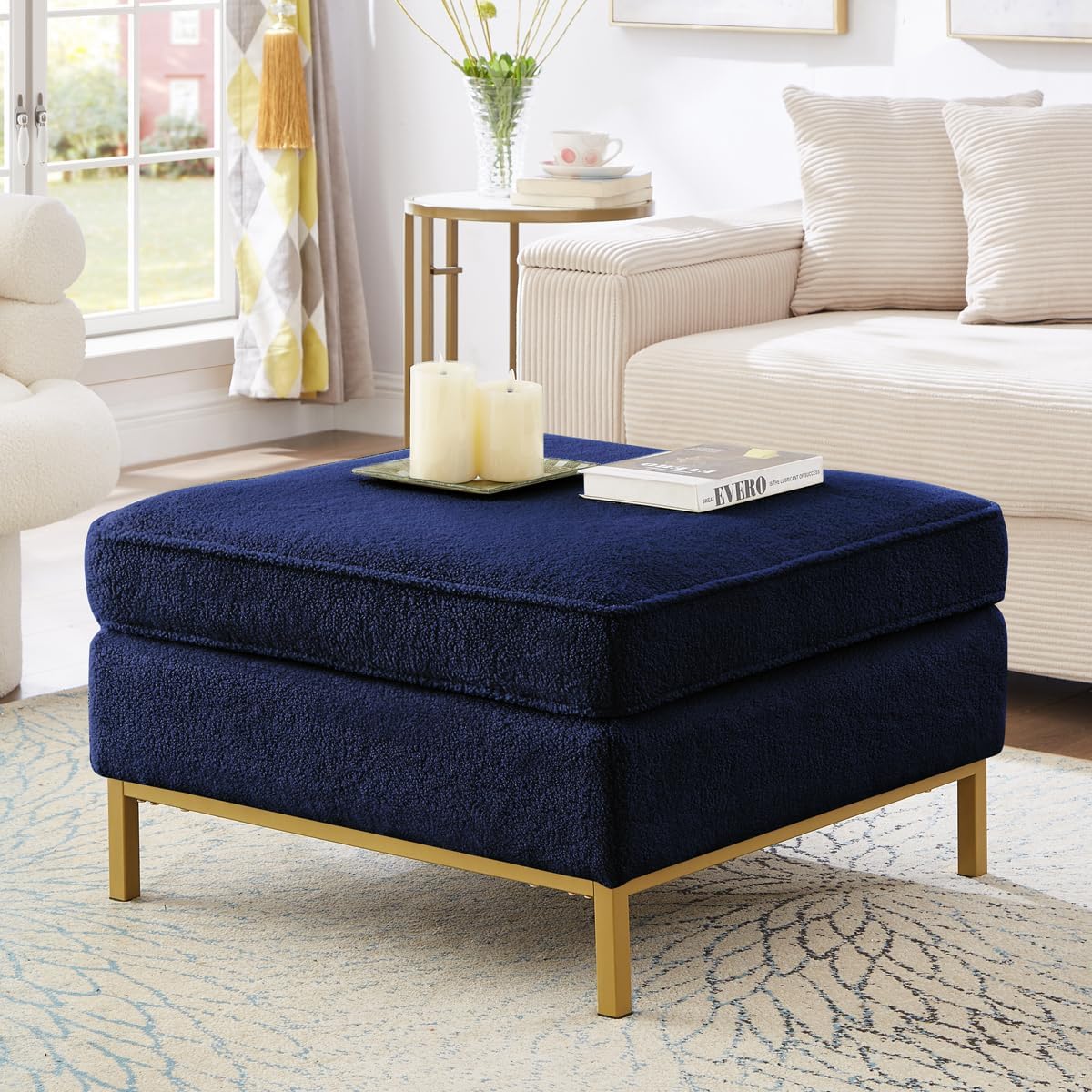 24KF Large Square Couch Ottoman for Living Room, Upholstered Teddy Fabric Padded Cushion Ottoman Table,Large Foot Rest,5088-Teddy Navy
