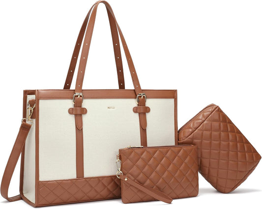 Keyli 3pcs Laptop Bag for Women,15.6 Inch Canvas Tote Bag Work Bags Large Business Computer Briefcase Shoulder Handbag Purse