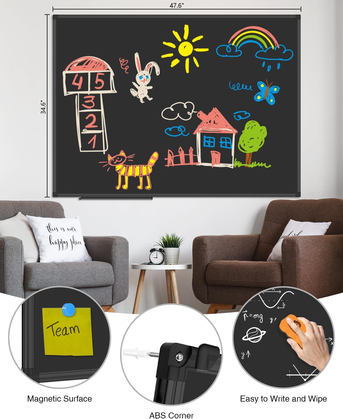 XBoard Magnetic Chalkboard Blackboard 48 x 36, Chalk Board/Black Board with 2 Magnets, Black Aluminium Frame