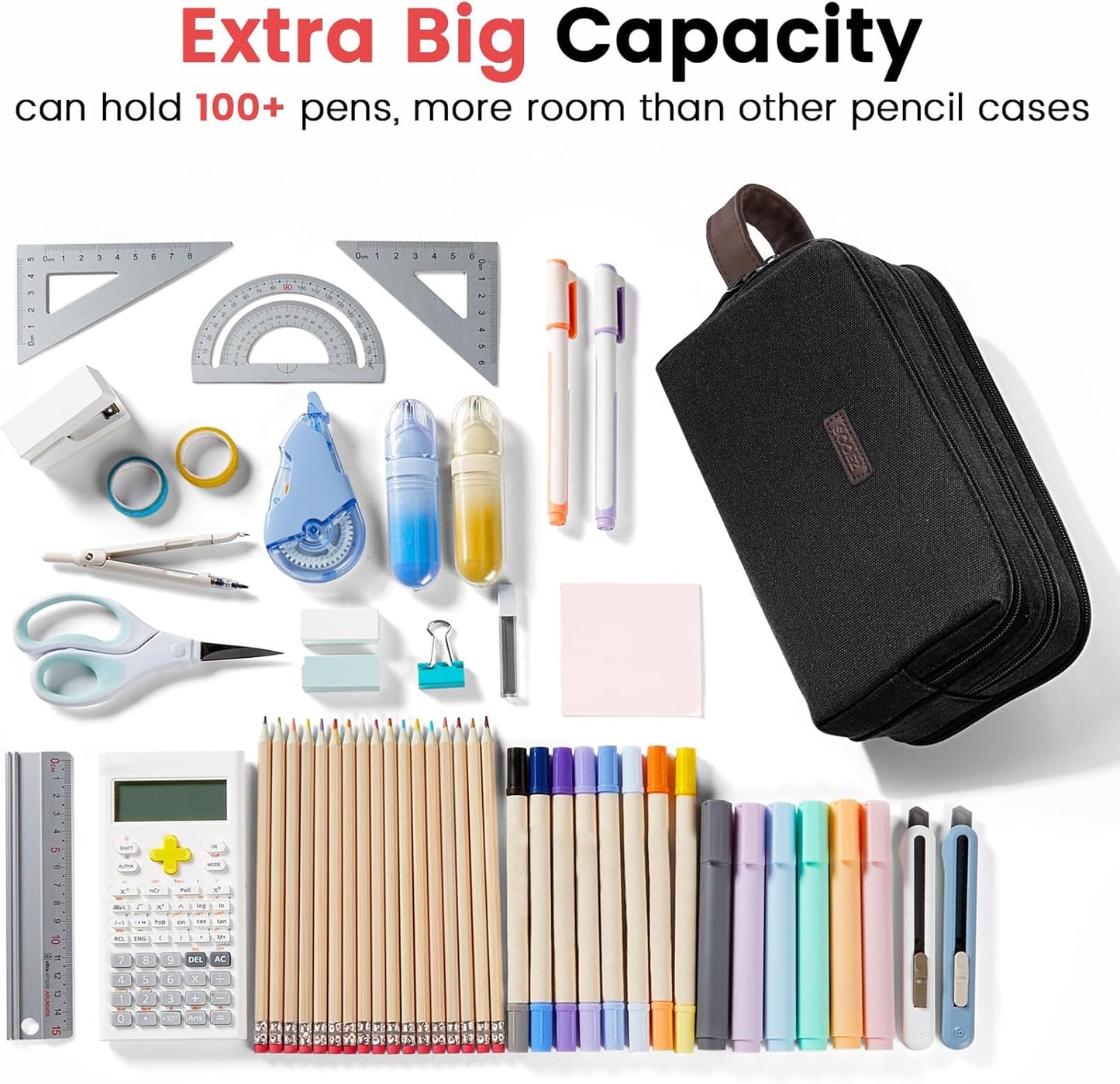 Sooez Large Pencil Case Pouch, Extra Big Pencil Pouch Pencil Bag with PU Handle & Zipper, Sturdy Pen Case with 3 Compartments, Aesthetic School College Supplies Organizer for Men Women Boys, Blue