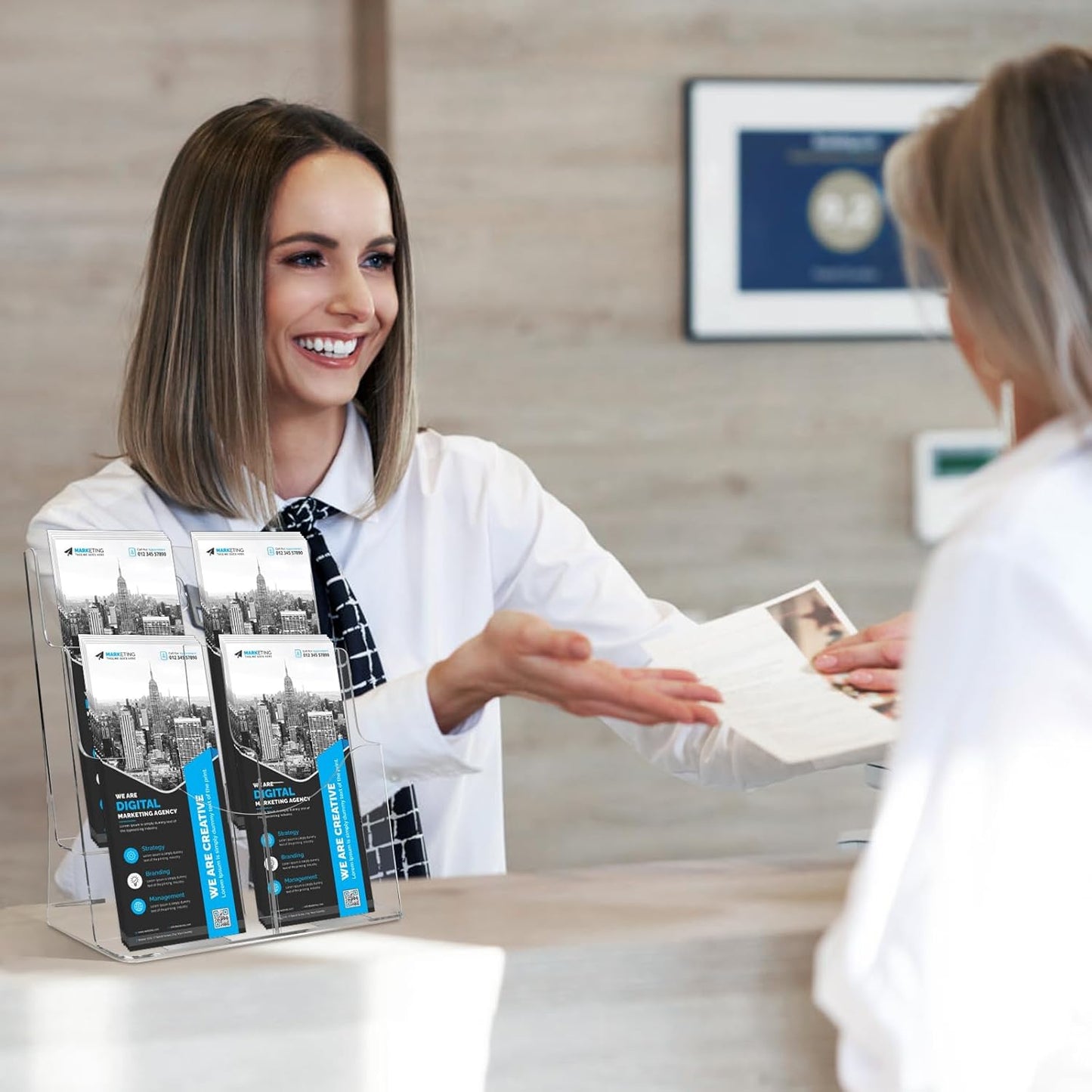 2 Pack Acrylic Brochure Holder 8.5 x 11 in, 2 Tier Brochure Display Stand with Removable Divider for 4 x 9 in Trifold Pamphlets, acrylic flyer holder 8.5 x 11 Stands for Flyer, Pamphlet, Magazine