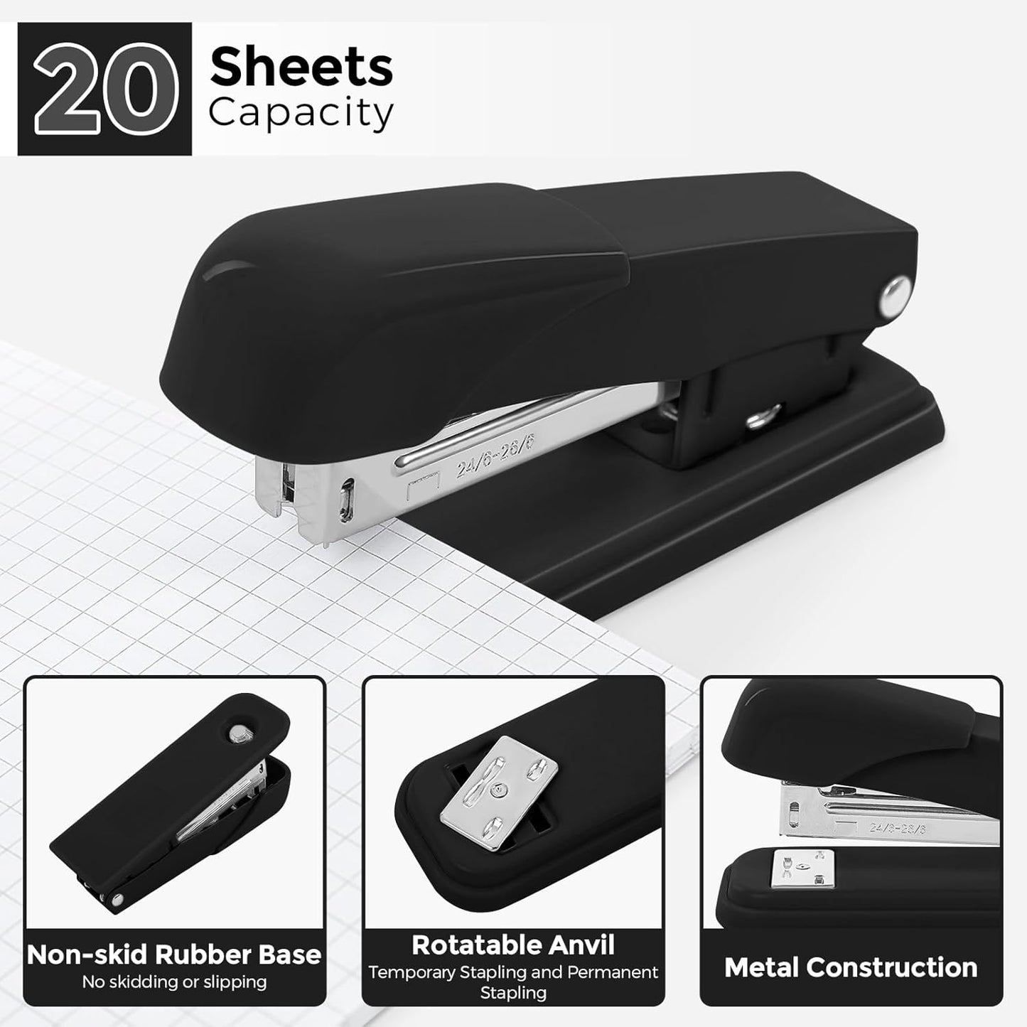 SKYDUE Black Office Supplies Set, Black Desk Accessories, Stapler, Tape Dispenser, Scissors, Binder/Paper Clips and 1000pcs Staples, Desk Supplies Set