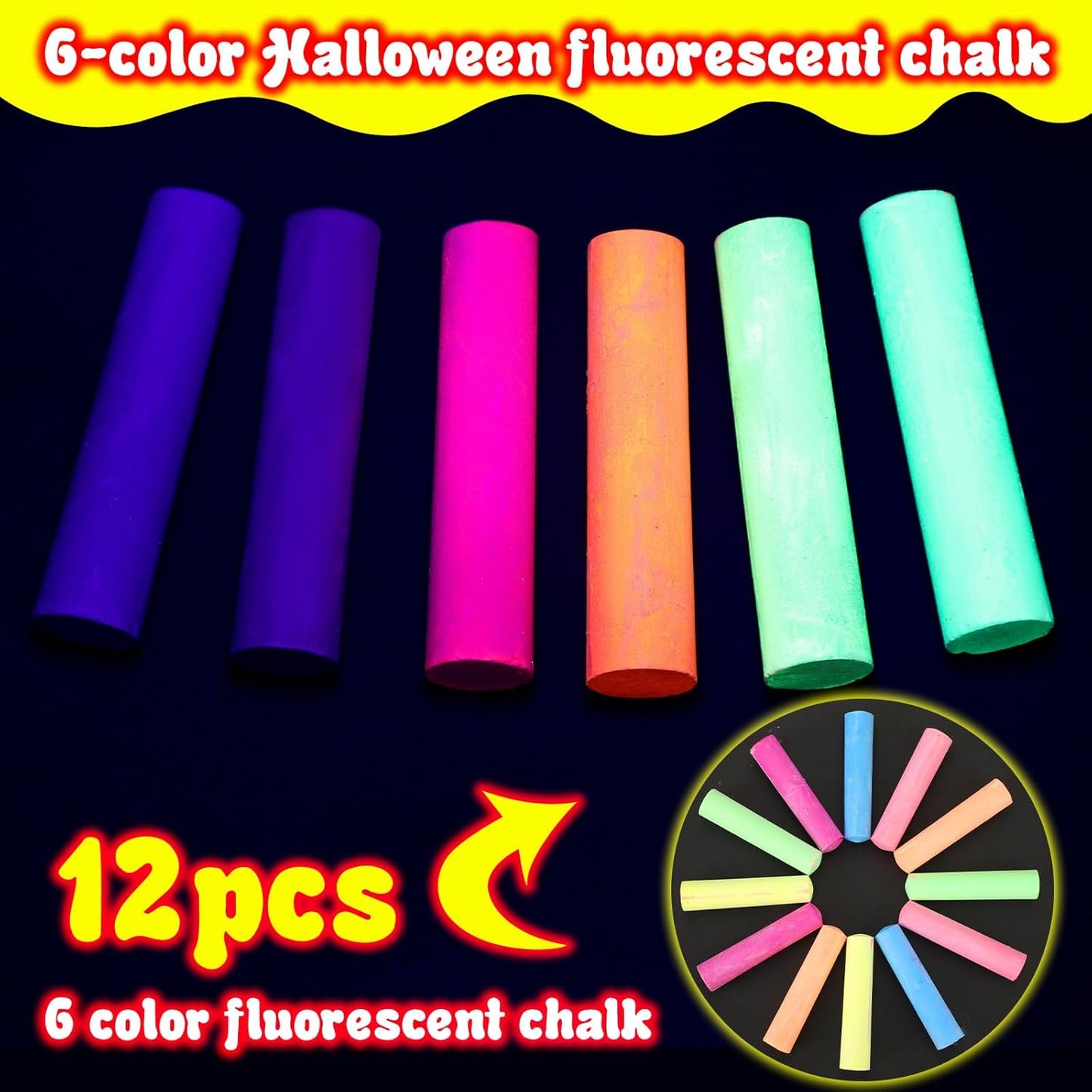 12 Pcs Glow in the Dark Chalk Under Blacklight, 6 Neon Colors Washable Dustless UV Sidewalk Chalk for Black Light Party Playground Chalkboard Birthday Gift and Outdoor Drawing (Cylindrical)