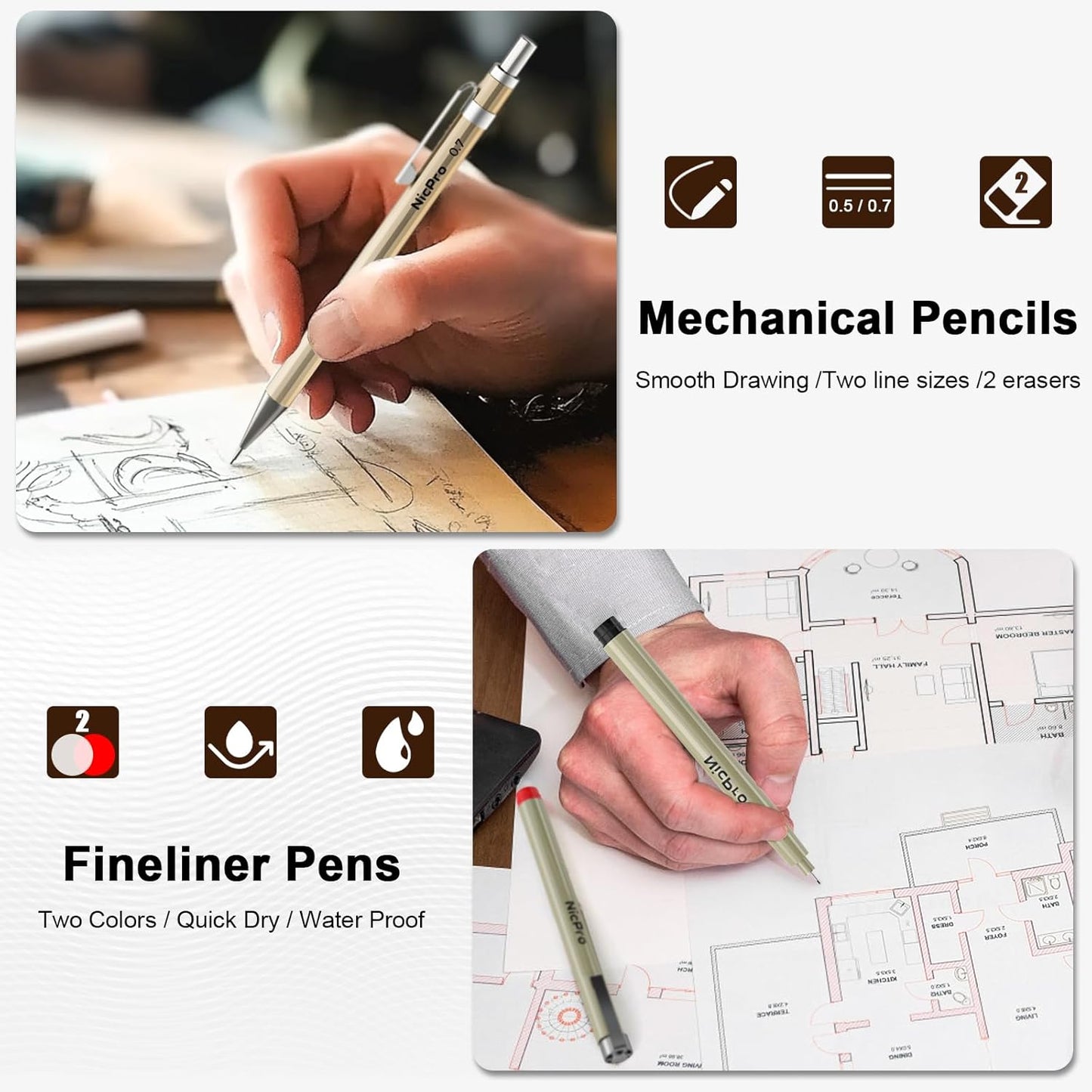 Nicpro 20PCS Professional Geometry Set with Case, Drafting Tools with Protractor and Compass, Metal Rulers, Triangles, Pens, Pencils, Drawing Supplies, Drafting Kit for Architect Engineer Students