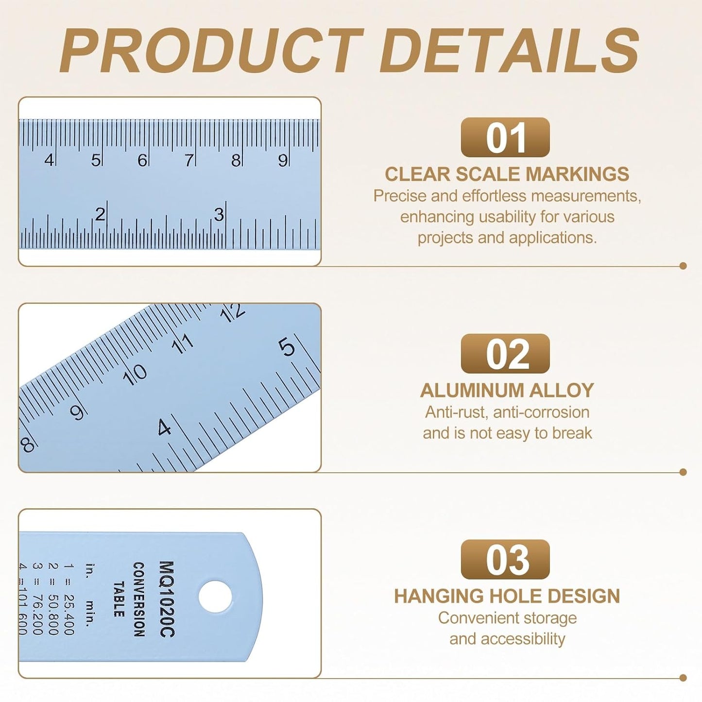 HARFINGTON 2pcs Metal Straight Ruler 15cm Metric SAE Aluminum Alloy Measuring Rulers Scale Tool with Hole for Measure Study Reading Classroom Office, Light Blue