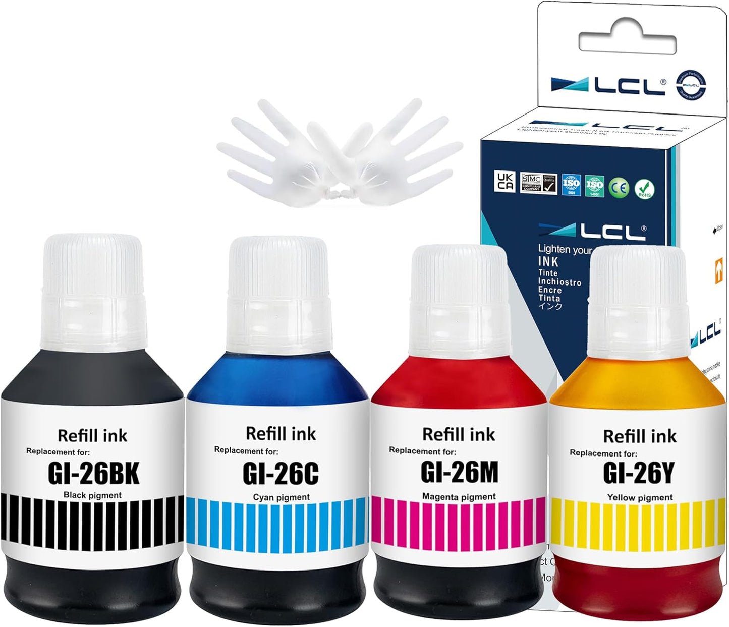 LCL GI-26 GI26 Ink Bottles Replacement for Canon 26 GI26 GI-26 Ink Refill Bottles Compatible with Canon MAXIFY GX7021 GX6021 GX7020 GX6020 GX5020 GX4020 GX3020 Printer (4-Pack,KCMY)