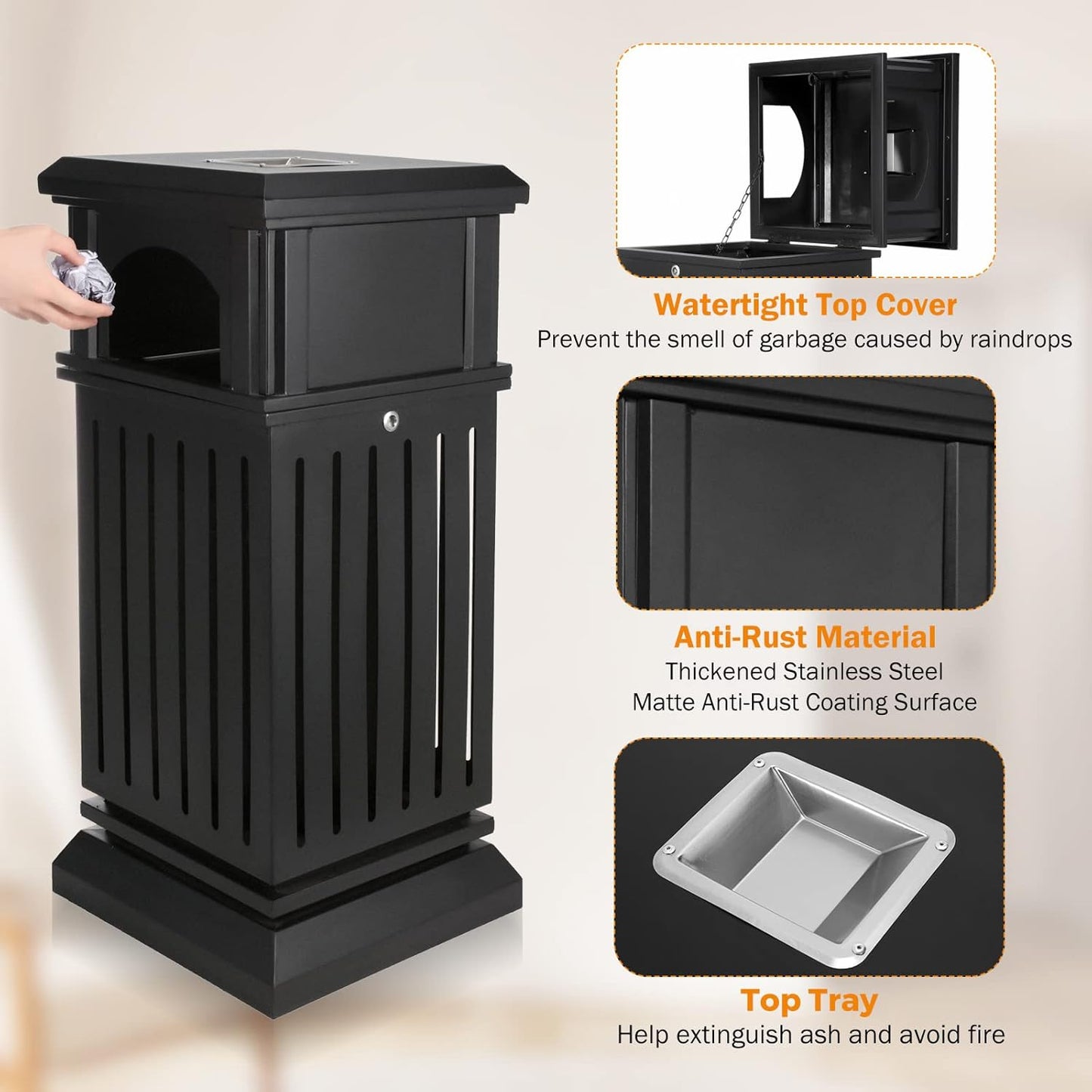 BEAMNOVA Trash Can Outdoor Top Tray Matte Black Stainless Steel Commercial Garbage Enclosure with Locking Lid Heavy Duty Industrial Yard Garage Waste Container, 35.5 * 15.8 * 15.8 in