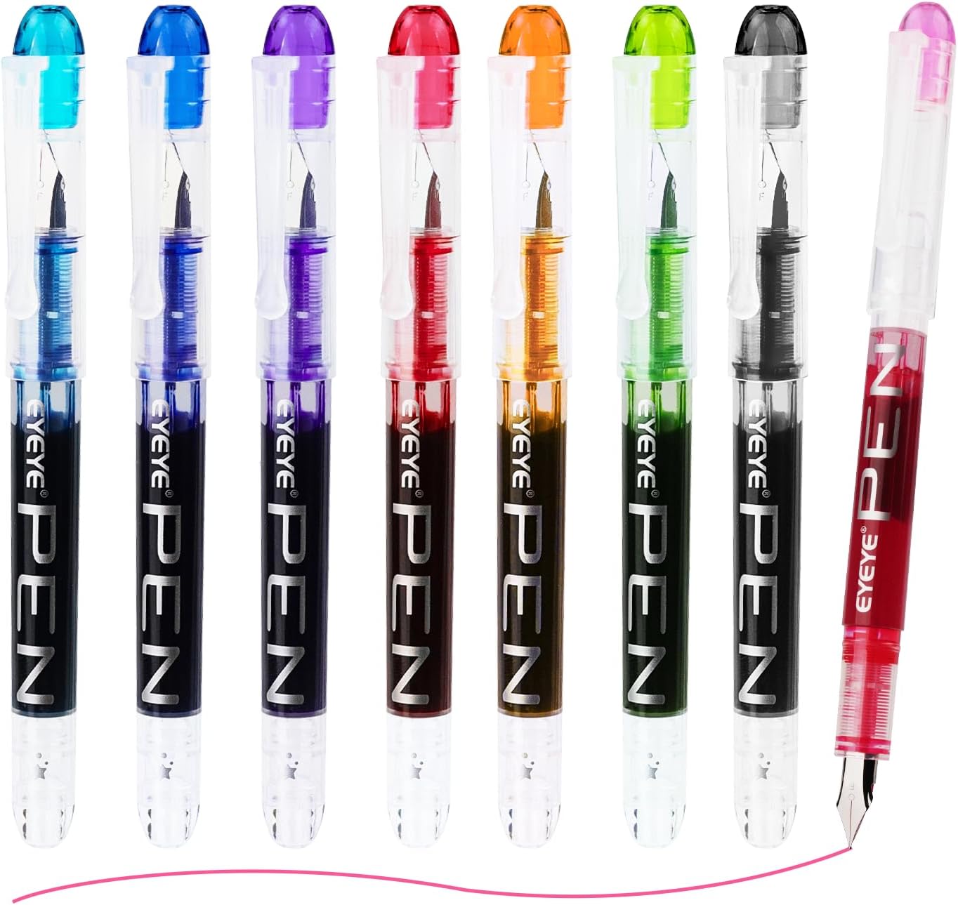 EYEYE Disposable Fountain Pens, 8 Pack Multicolor Fine Point Fountain Pens for Writing, Stainless Steel Nib, Smooth Writing for Journaling, Drafting, Sketching, Doodling & Gifts