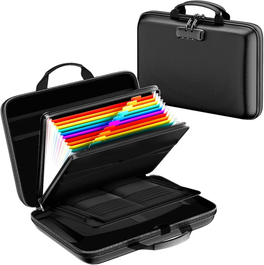 Fireproof Document Box, Hard Case Fireproof File Organizer with Lock and 13 Pocket Accordion File Folder, Portable Safe Box for Home Office Travel to Storage Important Documents Laptop Black