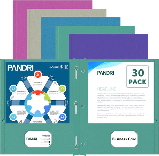 Two Pocket Folders, PANDRI 30 Pack Two Pocket Folders with Prongs, Designed for Office and Classroom, Assorted 5 Dark Colors 2 Pocket 3 Prong Folders