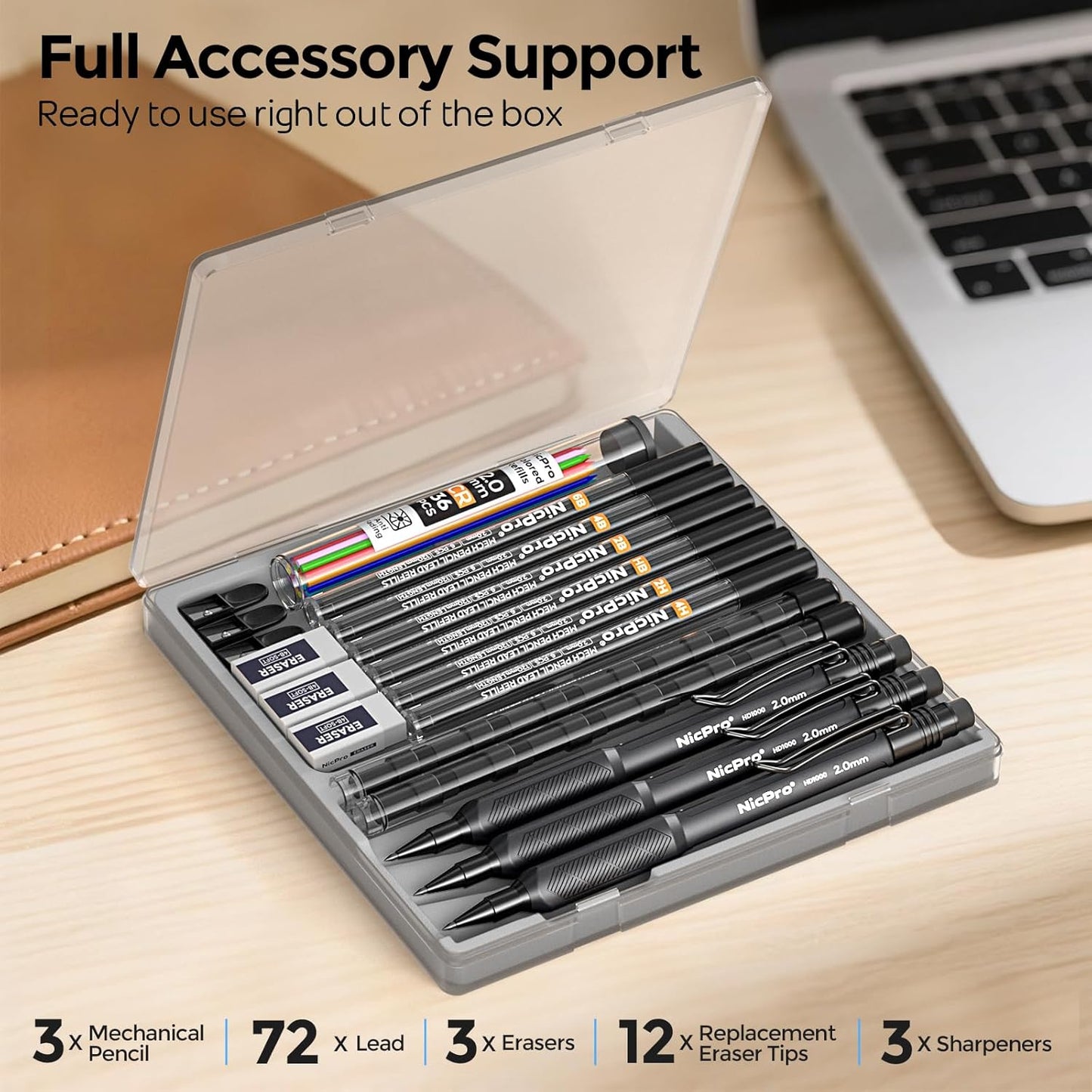 Nicpro 2.0 mm Mechanical Pencil Set, 3PCS Artist Lead Pencil Holder 2mm with 72PCS Lead Refills (4H 2H HB 2B 4B 6B Color) Eraser, Weatherproof Barrel for Outdoor Writing Drafting Drawing Sketching