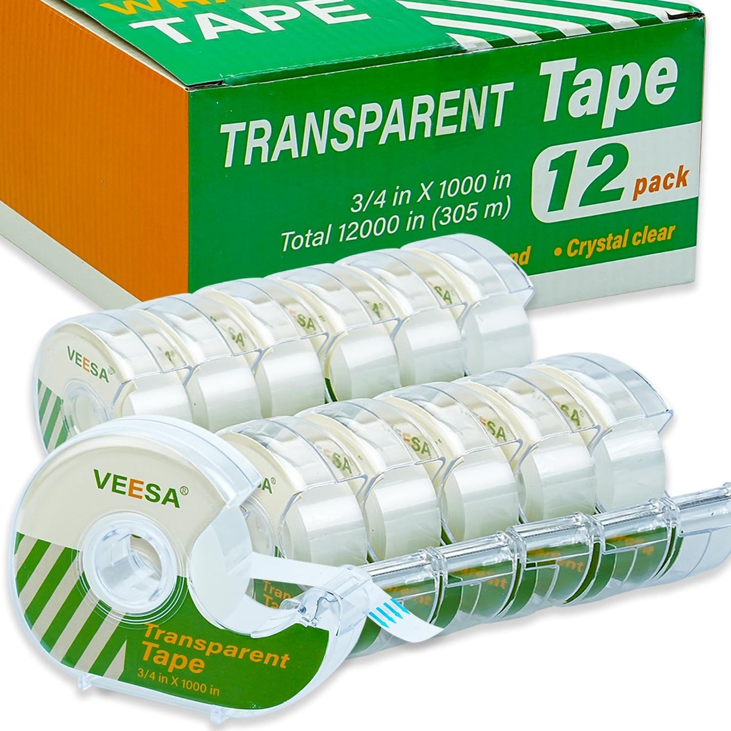 VEESA Transparent Tape with Dispenser, 3/4 x 1000 Inches, 12 Rolls Clear Tapes for Craft Jobs, Home & School Supplies