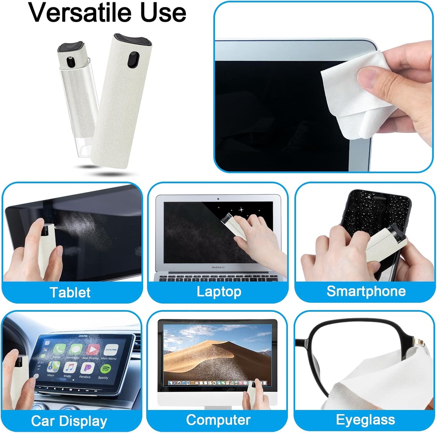 walrfid 2Pcs Car Screen Cleaner, Laptop Screen Cleaner Spray and Wipe, Electronic Computer Cleaning Kit for iPad, iPhone, Cellphone, Monitor, MacBook Pro, Car Display, Tablet, TV Flat Screens, Cream