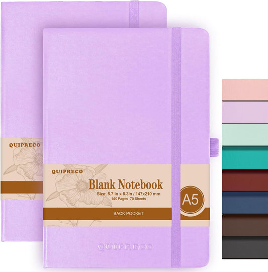 2Pack Blank Hardcover Sketch Book Notebook, A5 140 Pages 120Gsm Thick Journal for Drawing,School,Work,Diary，5.7''*8.3'',Lavender