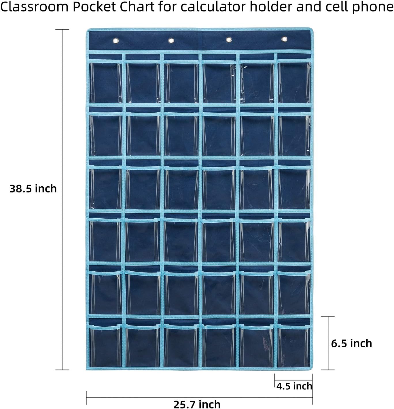 36 Clear Pockets Classroom Pocket Chart for Cell Phone and Calculator Holder, Door Hanging Pocket Chart for Classroom Phone Holder with Number Sticker and Hooks (Blue)