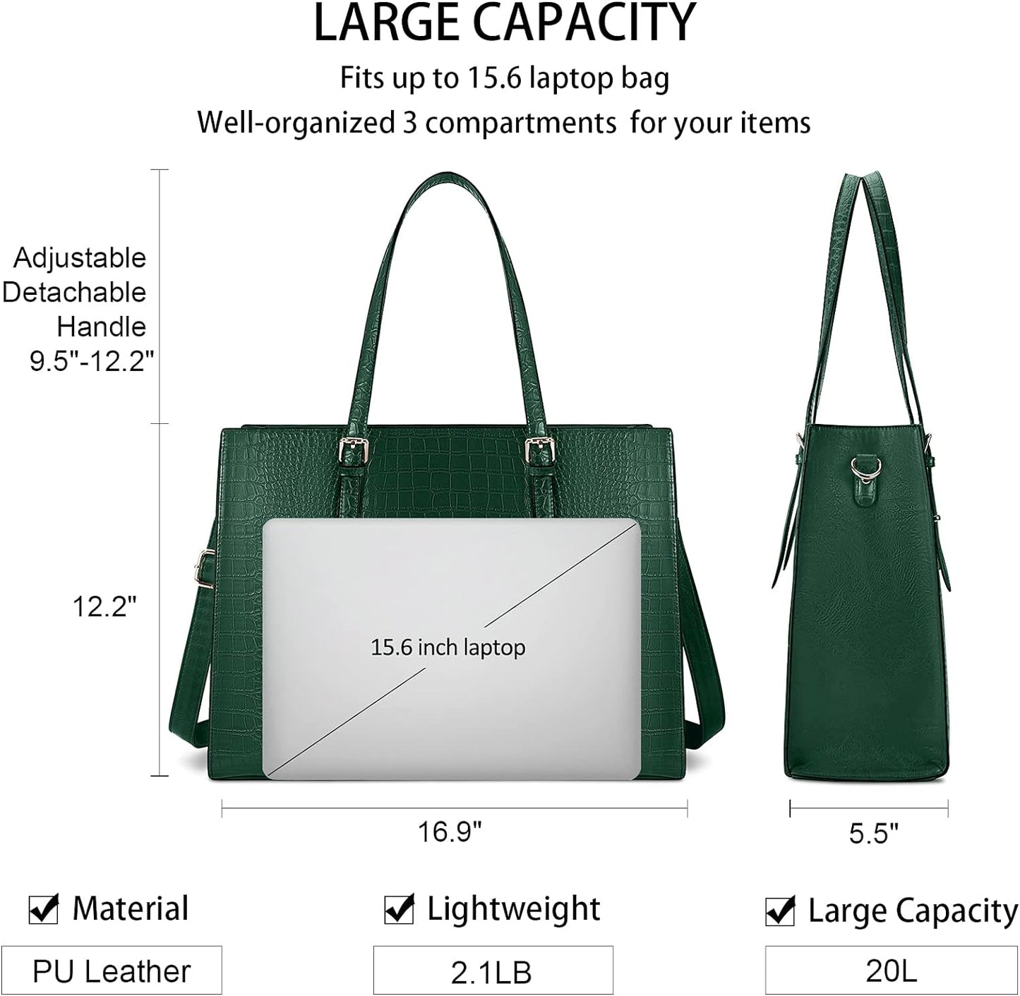 Laptop Bag for Women 15.6 Inch Laptop Tote Bag Leather Classy Computer Briefcase for Work Waterproof Handbag Professional Shoulder Bag Women Business Office Bag Large Capacity Green