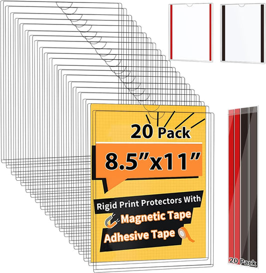 20 Pack Magnetic Sign Holder 8.5 x 11 - Wall Sign Holder Rigid Plastic Sign Holder with Magnet Strips and Adhesive Strips - Magnetic Display Frame Door Sign Holder