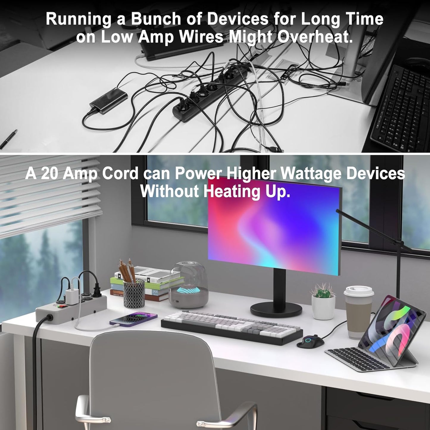 HEZI 20A Power Strip Surge Protector Durable Metal 8-Outlet with Heavy Duty 20 Amp Extension Cord,12 Gauge for Garage,Workshop & Industrial Use with 6-20R T-Slot Outlets,4800J(Grey,10FT)