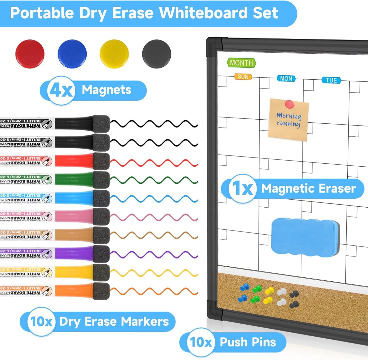 JILoffice Magnetic Calendar Whiteboard & Bulletin Corkboard Combination, Monthly Combo Board 17 x 13 Inch, Black Aluminum Frame Wall Mounted Board for Office Home and School