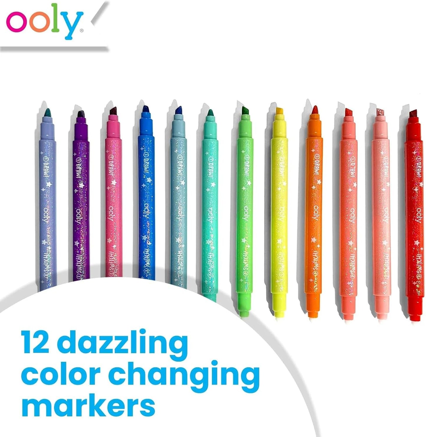 Ooly 12 Pack Sparkle Switch-eroo Color Changing Markers, Double Ended Chisel Tip Color Change Markers for Art Back to School Supplies, Drawing and Stationery Sets