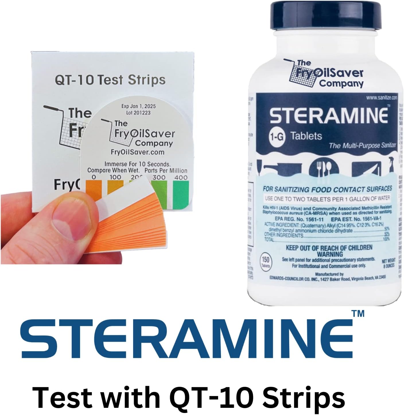 Steramine Sanitizer Tablet w/ 15x QT-10 Test Strips, Multi Purpose Sanitizing Tablet for Food Contact Surface, Kitchen, Restaurant, Steramine Sanitizer Tab for Food Service by FryOilSaver(150 Tablets)