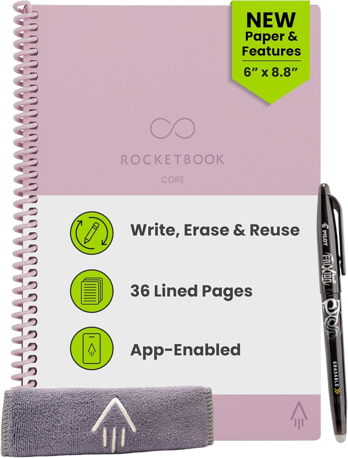 Rocketbook New Core Reusable Spiral Notebook, Executive Size 6x8.8, Pink - Lined Pages, App-Connected, Erasable, Durable Cover, Ideal for School, Work, and Creative Projects
