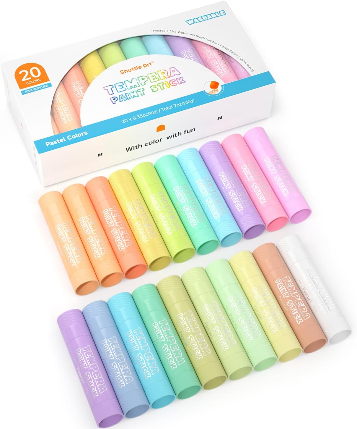 Shuttle Art Tempera Paint Sticks, 20 Pastel Colors, Solid Tempera Paint for Kids, Super Quick Drying, Works Great on Paper Wood Glass Ceramic Canvas
