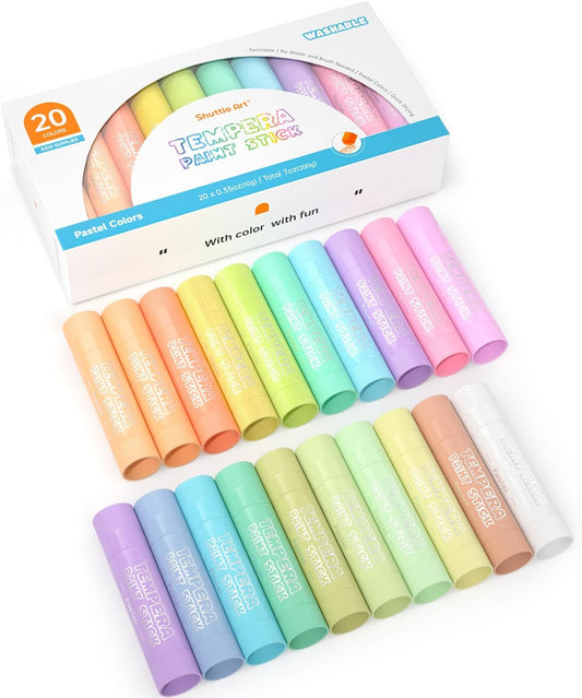 Shuttle Art Tempera Paint Sticks, 20 Pastel Colors, Solid Tempera Paint for Kids, Super Quick Drying, Works Great on Paper Wood Glass Ceramic Canvas