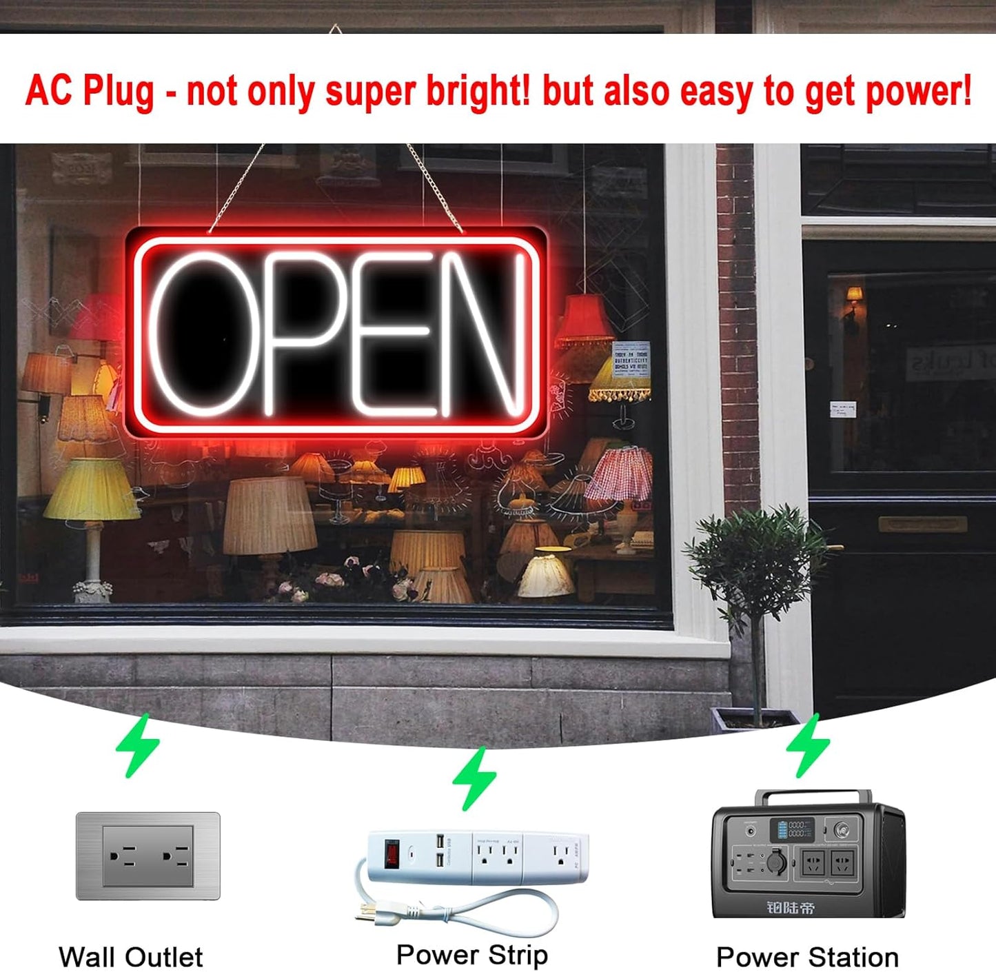 22" X 11" Led Neon Open Signs for Business, Large Open Signs, Plug In Electric Light Up with ON/OFF Switch, Ultra Bright Open Sign for Bar Salon Coffee Stores Club Hotel (Black Backplate)