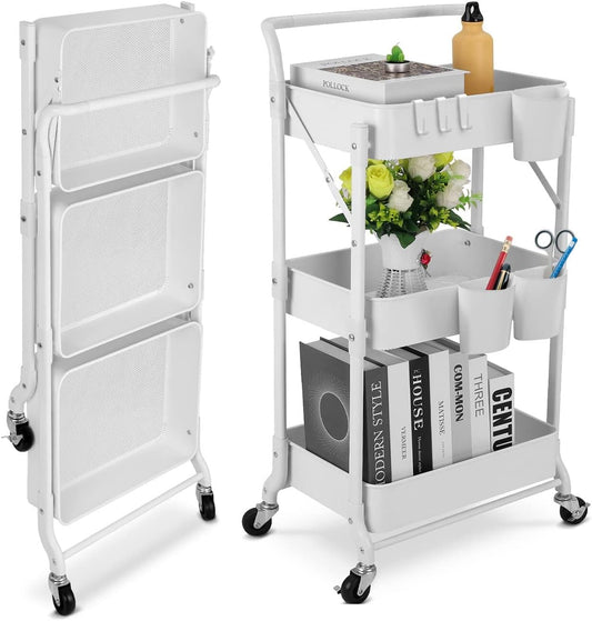 Foldable 3 Tier Metal Utility Rolling Cart, Folding Mobile Multi-Function Storage Trolley Organizer Cart for Home Library Office(White)