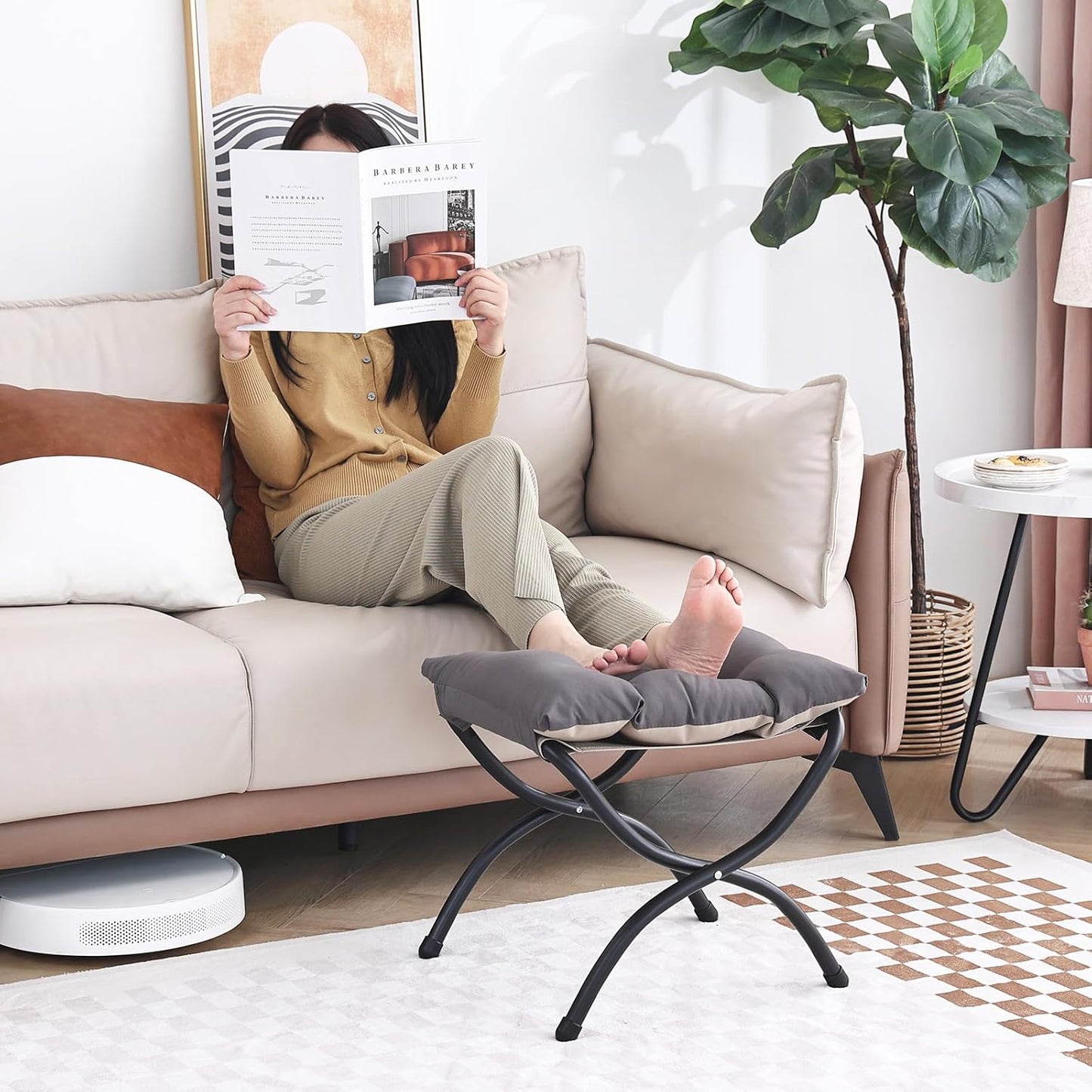 LITA Folding Upholstered Footrest Stool, Modern Small Portable Accent Ottoman with Detachable Thick Cotton Cushion Padded Sofa Stool with Metal Frame for Lazy Chair, Living Room & Bedroom, Dark Grey