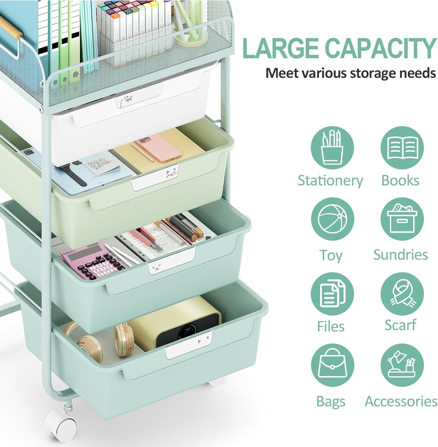 Rolling Utility Storage Cart with 4 Drawers - 4 Tiers Rolling Cart Craft Cart, Storage Drawer Cart Organizer for Craft Room Office Bedroom Classroom with Mesh Top & 4 PCS DIY Lable, Green