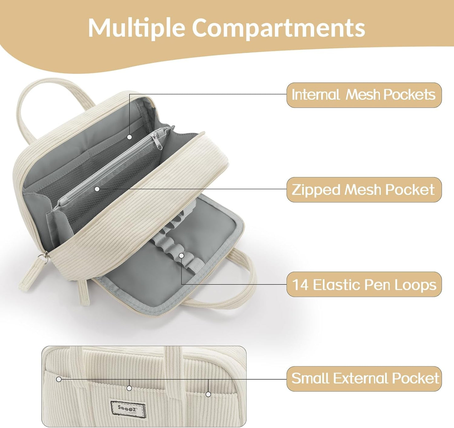 Sooez Large Pencil Case Pouch, Extra Big Pencil Bag with 5 Compartments, Pen Bag Wide Opening, Soft Waffle Pencil Pouch Organizer with Zipper, Cute Aesthetic School Supplies for Teen Girls-Coral