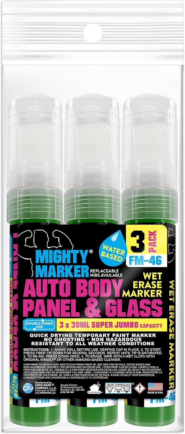 FM-46 Auto Body and Glass Super Jumbo Paint Marker, No-Ghost Formula, Water-Resistant, Valve Action, Removable, Water-Based, 30ml Capacity, Made in USA, Green 3 Pack