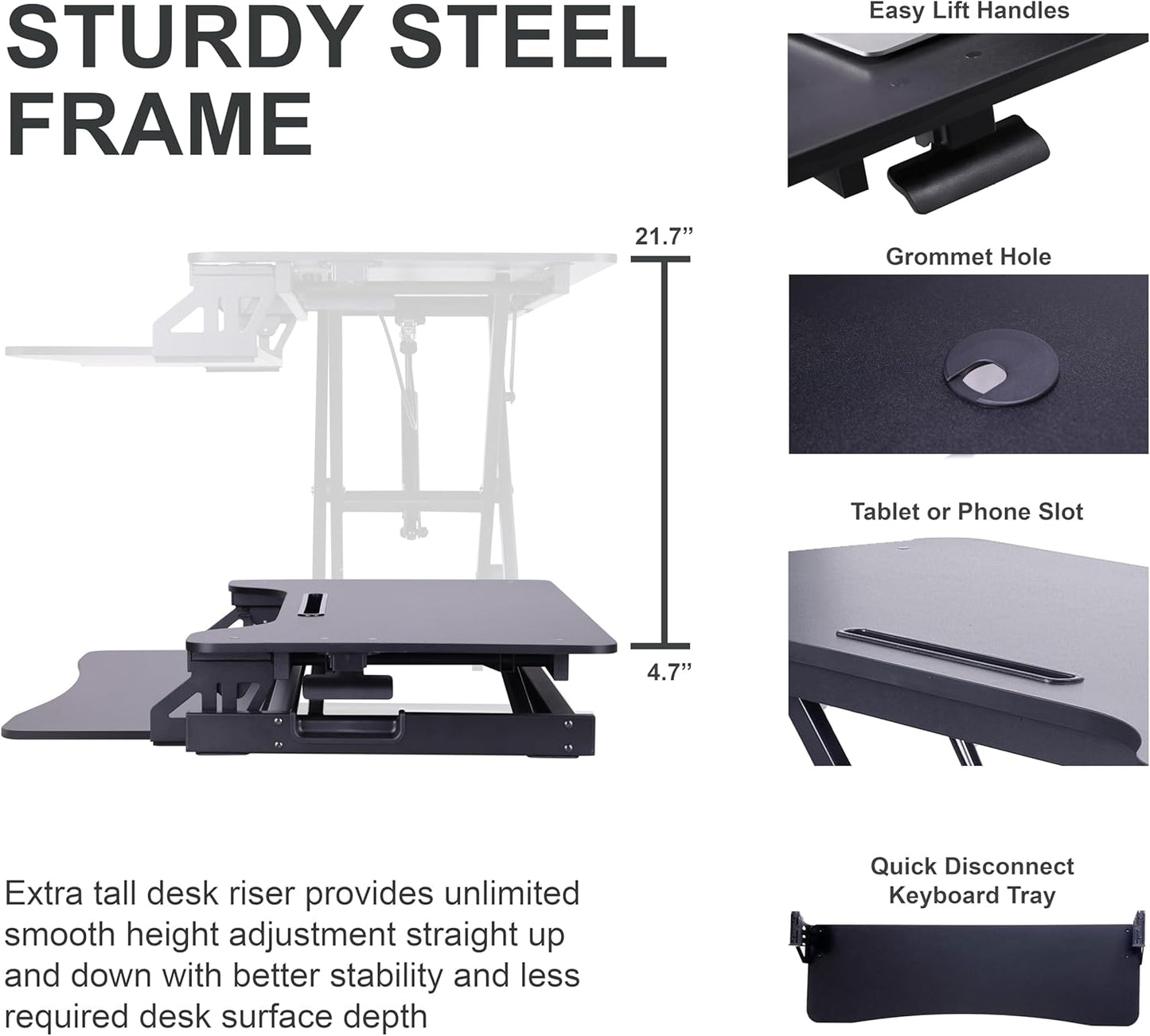 Rocelco 43" Height Adjustable Standing Desk Converter with Premium Dual Monitor Arm Mount - Tall Stand Up Tabletop Riser and Tablet Slot - Computer Workstation - Keyboard Tray - Black (R VADRB-43-MA2)