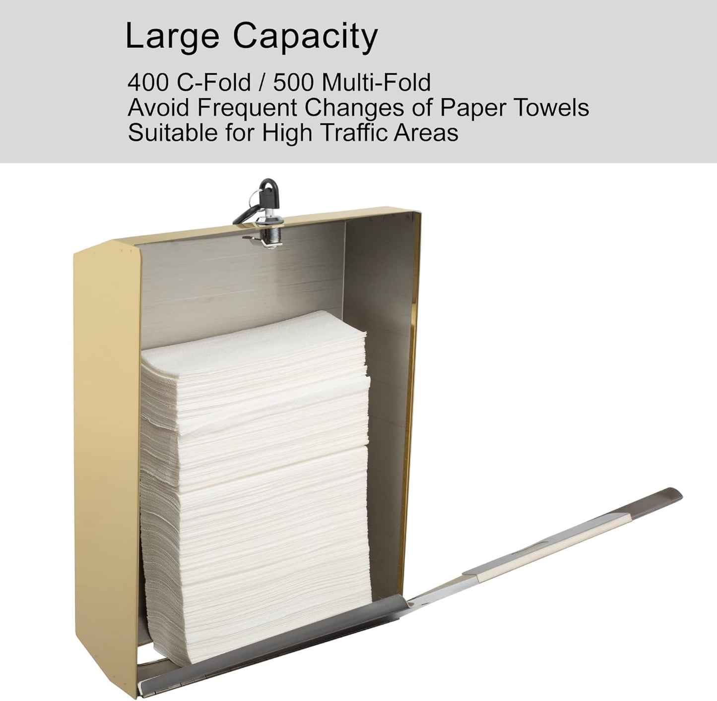 Paper Towel Dispenser, Commercial Stainless Steel Tri-fold/Multi-fold/C-Fold Paper Towel Holder Wall Mount Key (Gold)