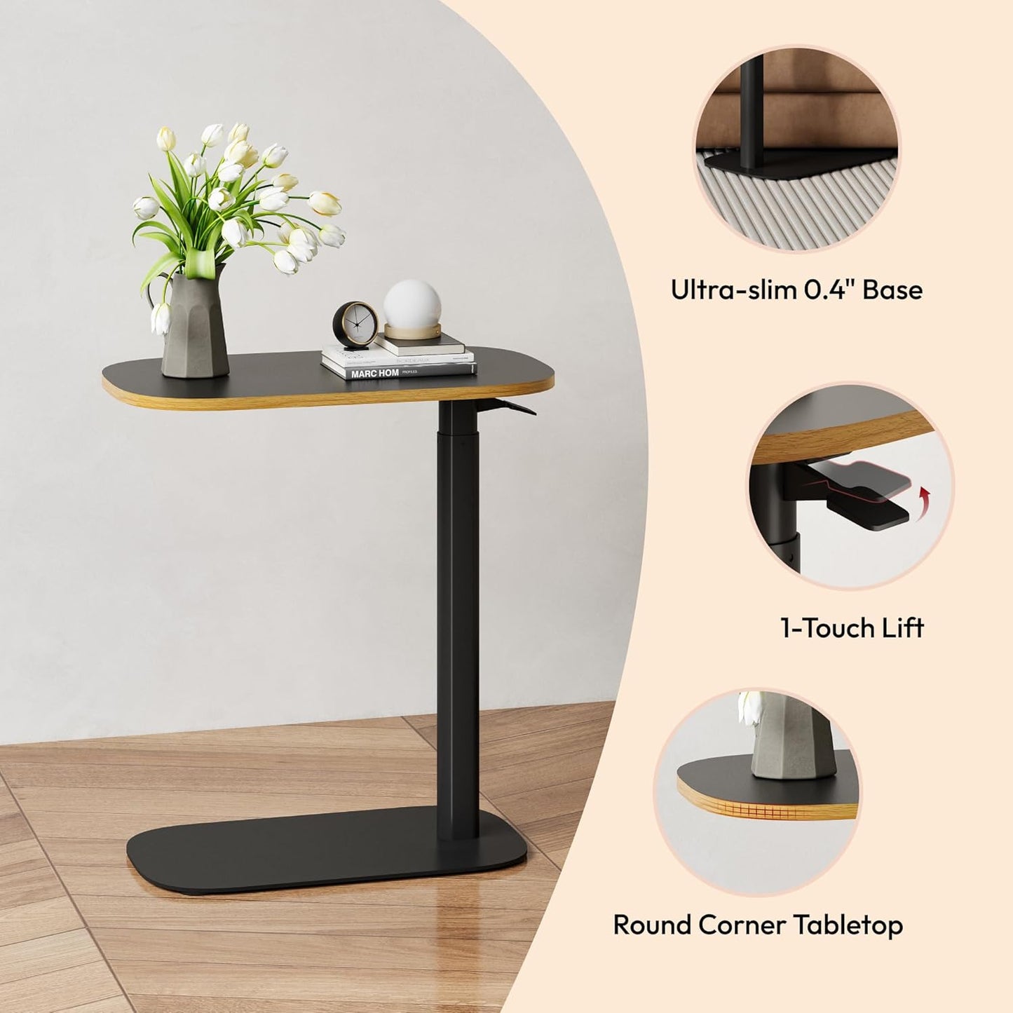 SANODESK Small Standing Desk Pneumatic Height Adjustable Small Sit Stand Desk Laptop Desk Overbed Table Computer Cart for Home Office Computer Workstations(23.6" W x 13.8" D,Black+Maple Band)