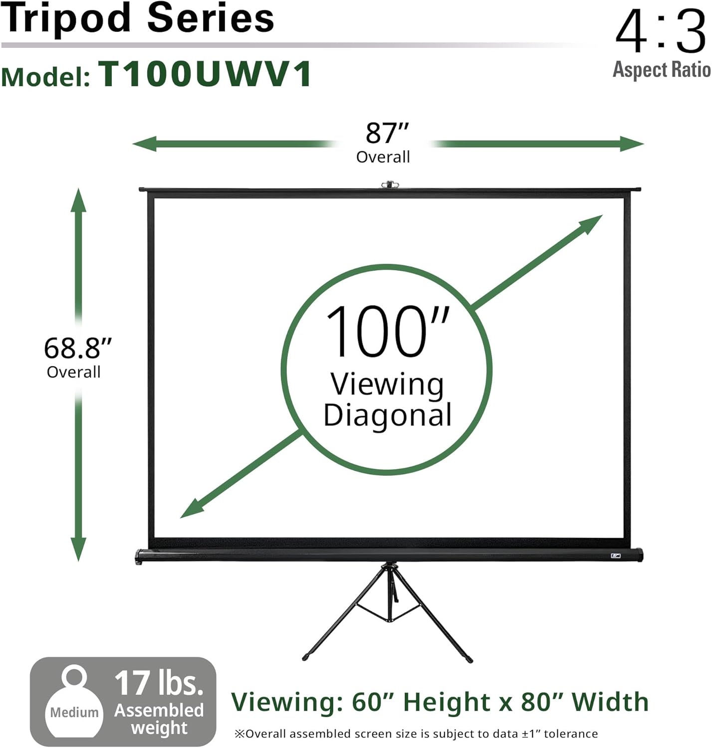 Elite Screens Tripod Series, 100-INCH 4:3, Adjustable Multi Aspect Ratio Portable Indoor Outdoor Projector Screen, 8K / 4K Ultra HD 3D Ready, US Based Company 2-YEAR WARRANTY, T100UWV1 - Black