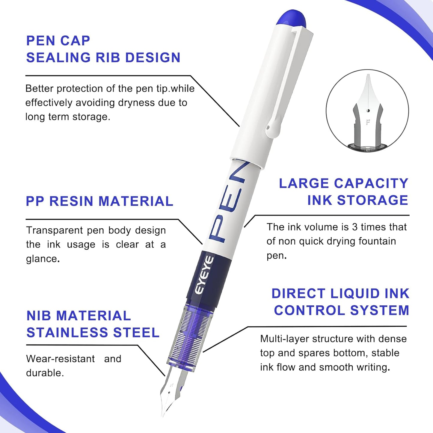 EYEYE Fountain Pens for Writing, 8 Pack Assorted Colors Fine Point Disposable Fountain Pens Stainless Steel Nib, Smooth Writing for Journaling, Drafting, Sketching, Doodling & Gifts