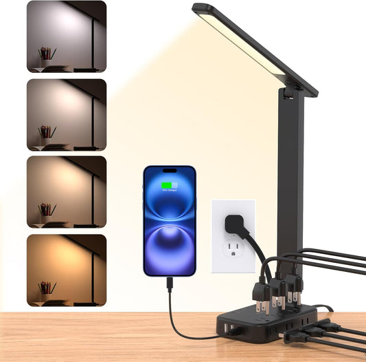 One Beat Desk Lamp with 6 Outlets 4 USB Ports(2×USB-C),Eye Protection Table Lamp Power Strip with 4 Color Modes 5 Brightness Touch LED Desk Lamps for Home Office College Dorm Room Essentials(Black)