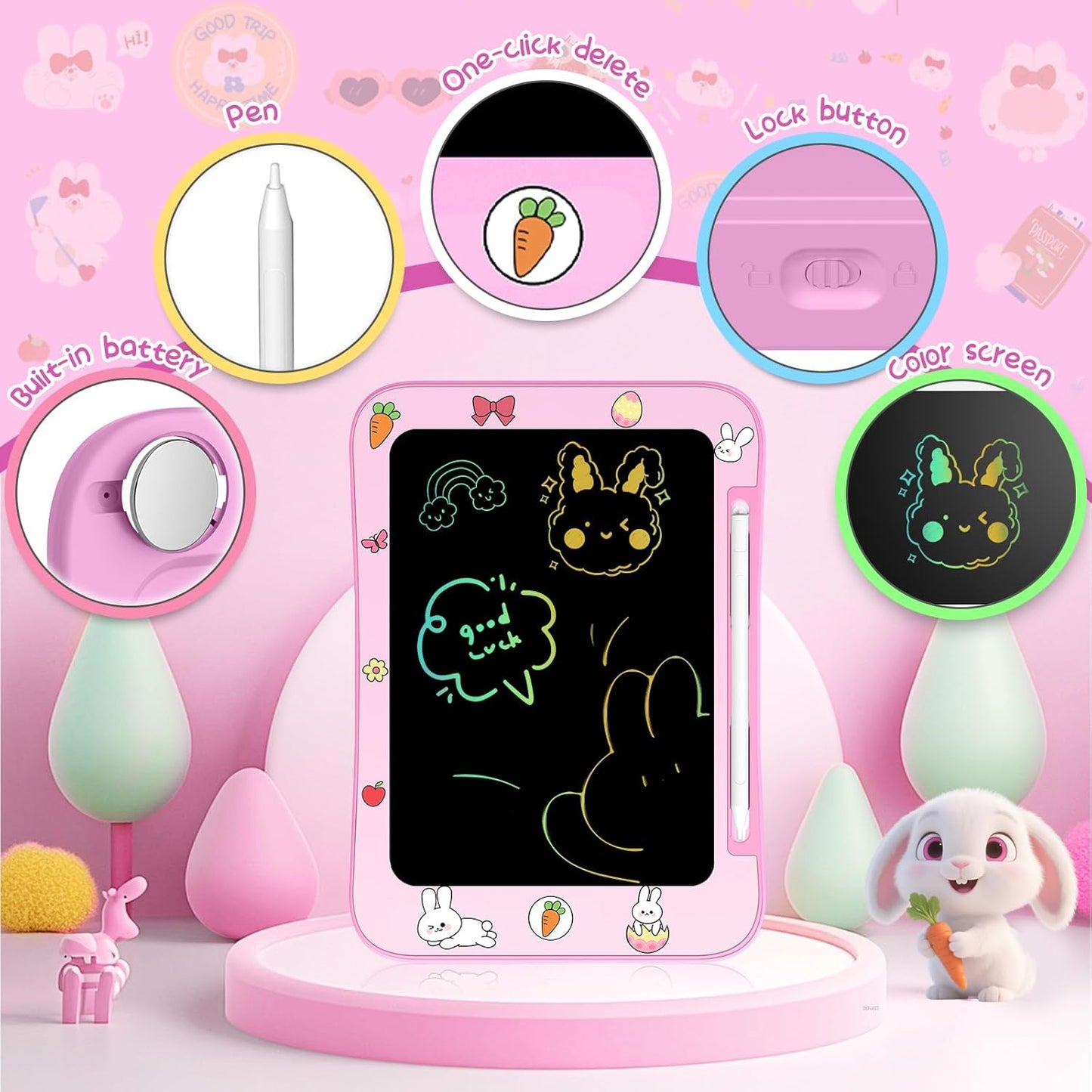 LCD Writing Tablet for Kids, Colorful Screen Drawing Board for 3-7 Year Old Boys & Girls - Educational Toys for Birthday & Christmas (Rabbit)