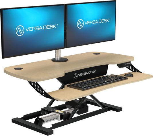 VERSADESK® PowerPro™ Elite 48” x 24" – App Controlled X-Large Electric Standing Desk Converter w/USB Charging Port. Raises up to 20”. Fully Assembled – Includes LED Lights. Supports 80 lbs. – Maple