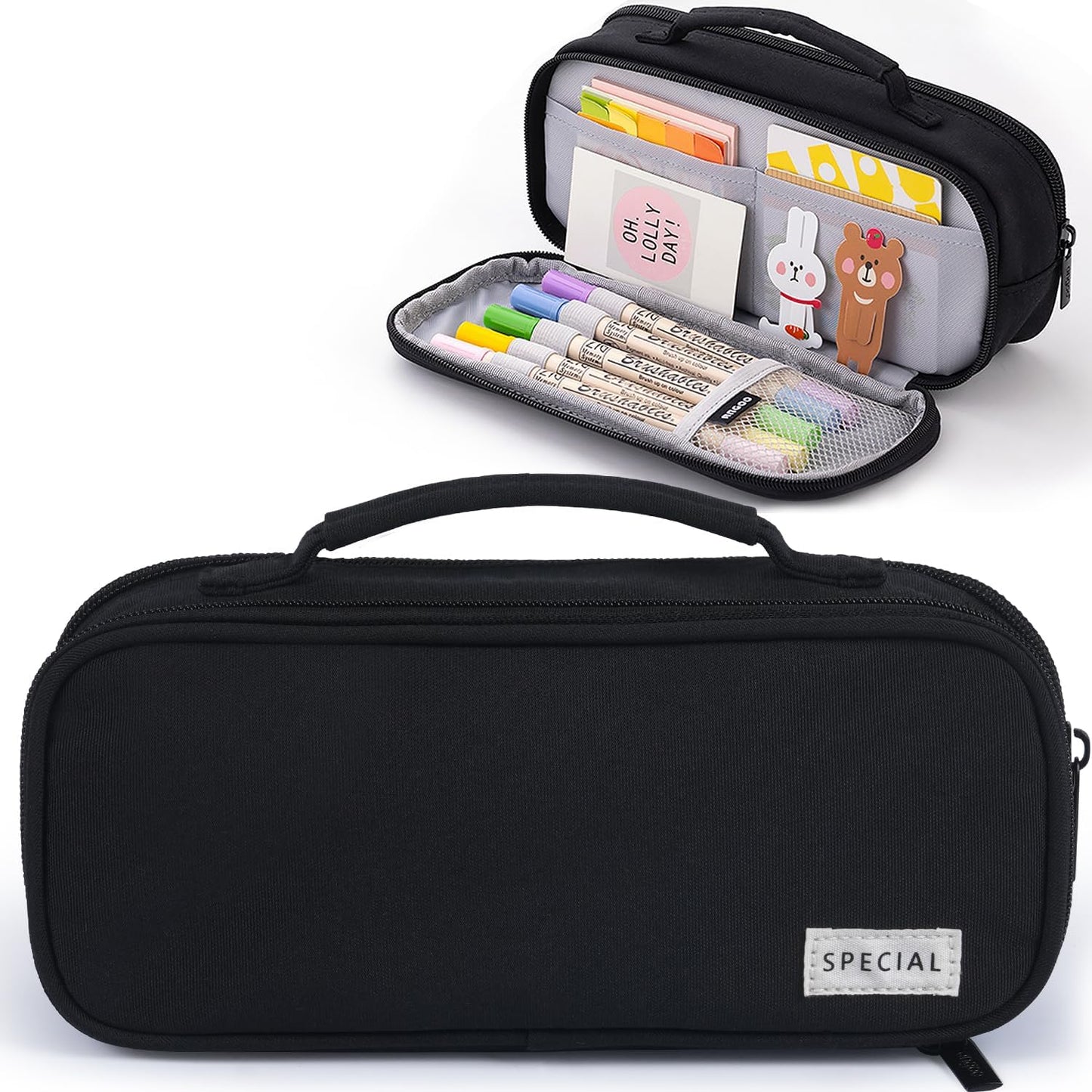 MAMUNU Pencil Case Large Capacity with 3 Compartments, Pencil Case Pouch Bag with Zipper Handle Portable Pen Stationery Organizer for Teen Girls Boys Adults College School Office Travel, Black